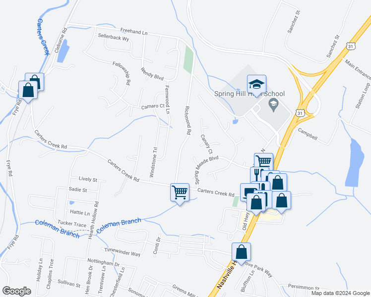 map of restaurants, bars, coffee shops, grocery stores, and more near 2912 Courtney Court in Columbia