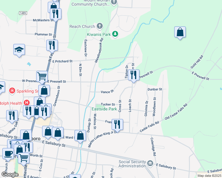 map of restaurants, bars, coffee shops, grocery stores, and more near 642 Vance Street in Asheboro