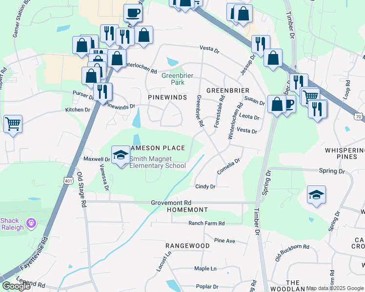 map of restaurants, bars, coffee shops, grocery stores, and more near 700 Maxwell Drive in Raleigh