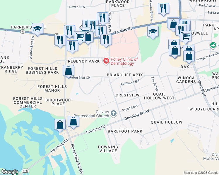 map of restaurants, bars, coffee shops, grocery stores, and more near 2602 Chippendale Place Southwest in Wilson