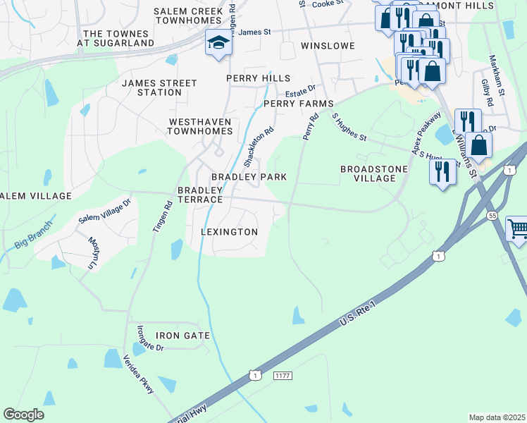 map of restaurants, bars, coffee shops, grocery stores, and more near 1102 Lexington Pointe Lane in Apex