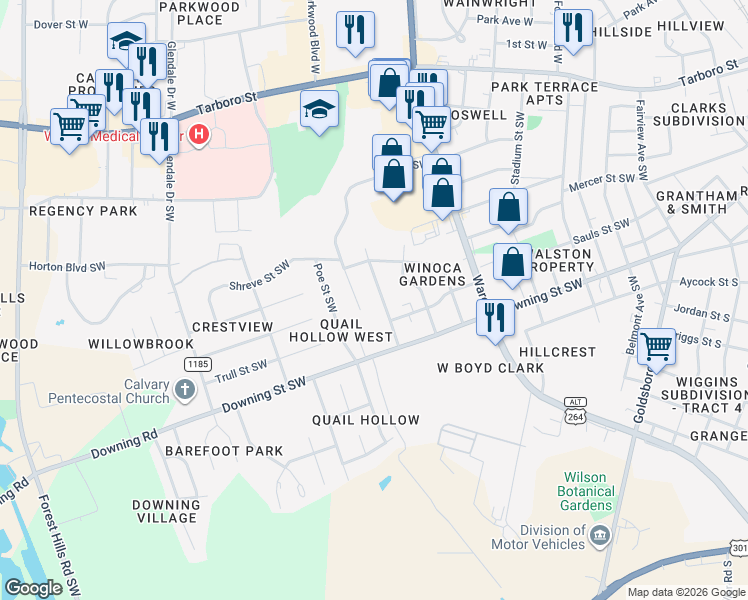 map of restaurants, bars, coffee shops, grocery stores, and more near 516 Dale Street Southwest in Wilson