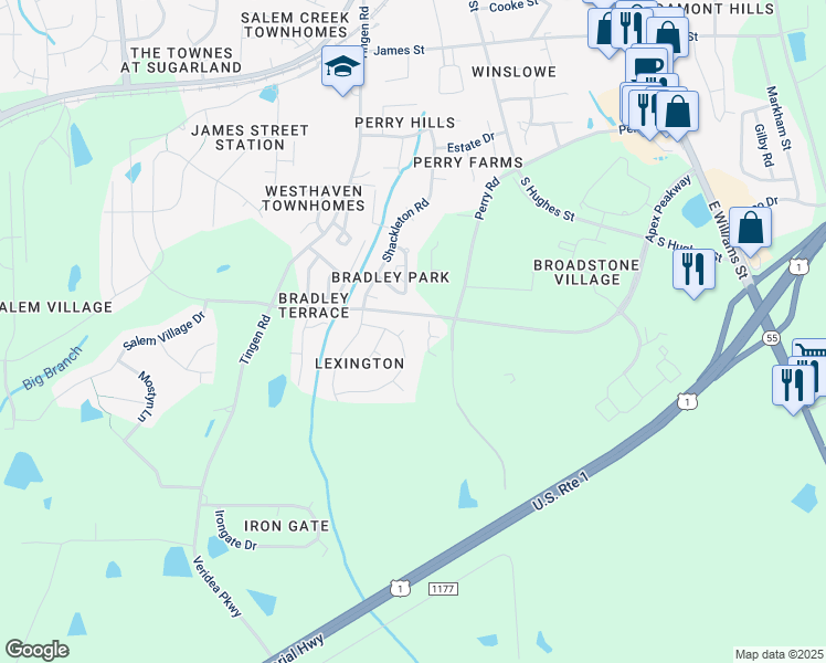 map of restaurants, bars, coffee shops, grocery stores, and more near 1102 Lexington Pointe Lane in Apex
