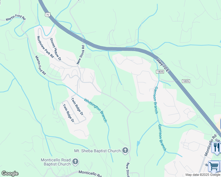 map of restaurants, bars, coffee shops, grocery stores, and more near 5 Nader Avenue in Weaverville