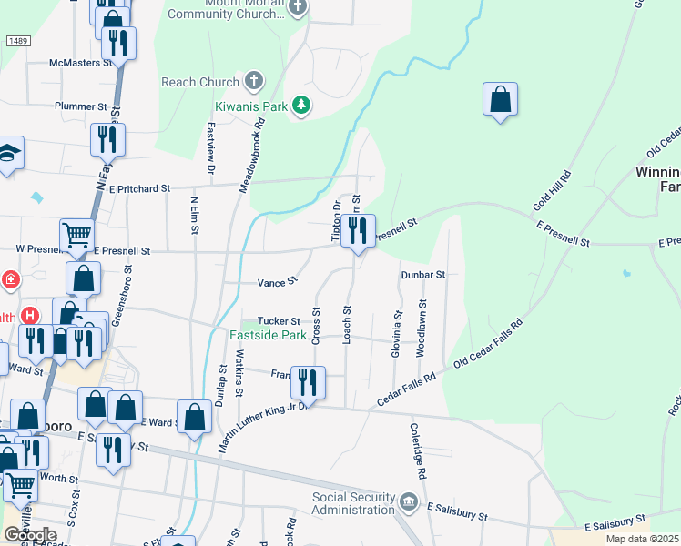 map of restaurants, bars, coffee shops, grocery stores, and more near 804 Cross Street in Asheboro