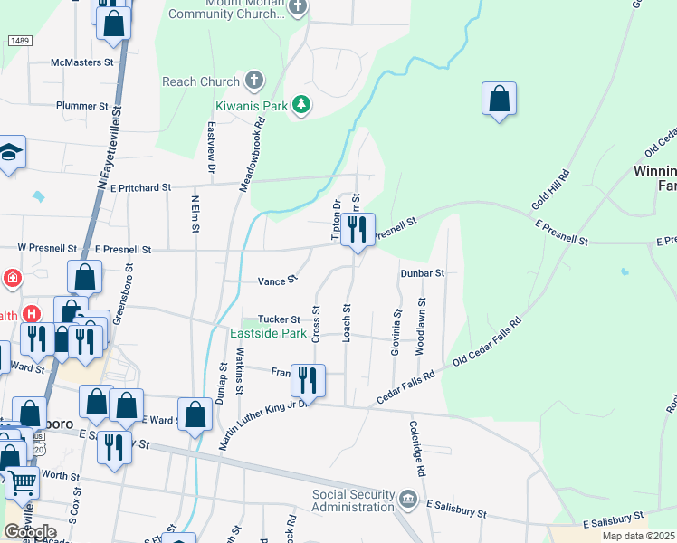 map of restaurants, bars, coffee shops, grocery stores, and more near 804 Cross Street in Asheboro