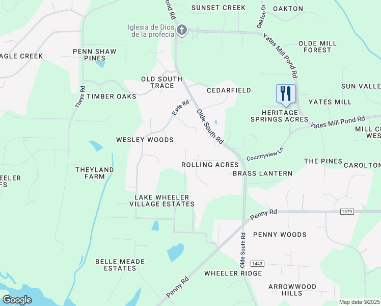 map of restaurants, bars, coffee shops, grocery stores, and more near 6128 Countryview Lane in Raleigh