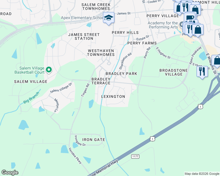 map of restaurants, bars, coffee shops, grocery stores, and more near 1210 Shackleton Road in Apex