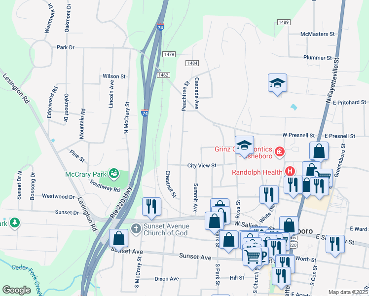 map of restaurants, bars, coffee shops, grocery stores, and more near 434 Peachtree Street in Asheboro