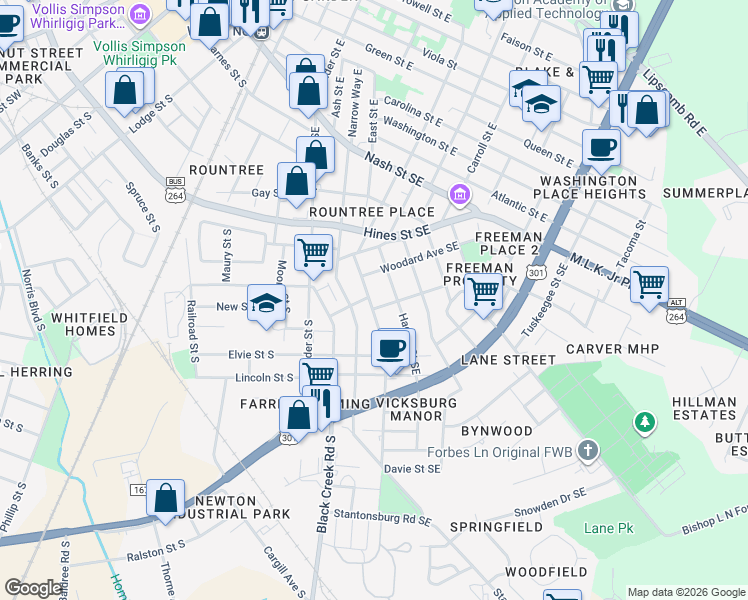 map of restaurants, bars, coffee shops, grocery stores, and more near 904 Rountree Avenue Southeast in Wilson