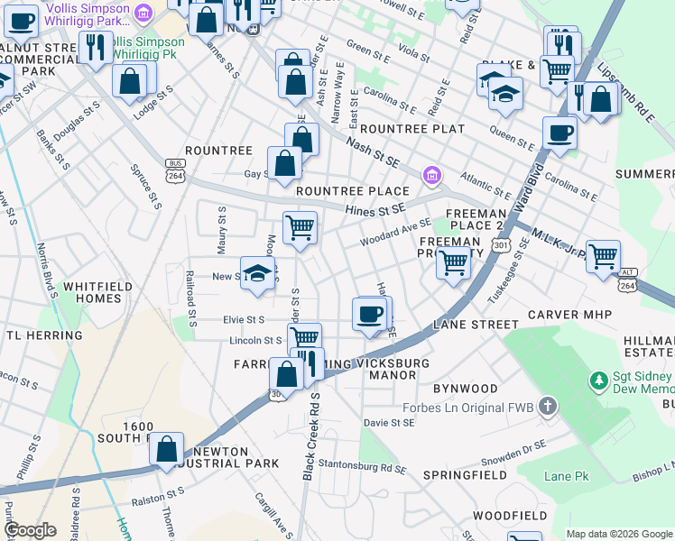 map of restaurants, bars, coffee shops, grocery stores, and more near 600-602 Manchester St SE in Wilson