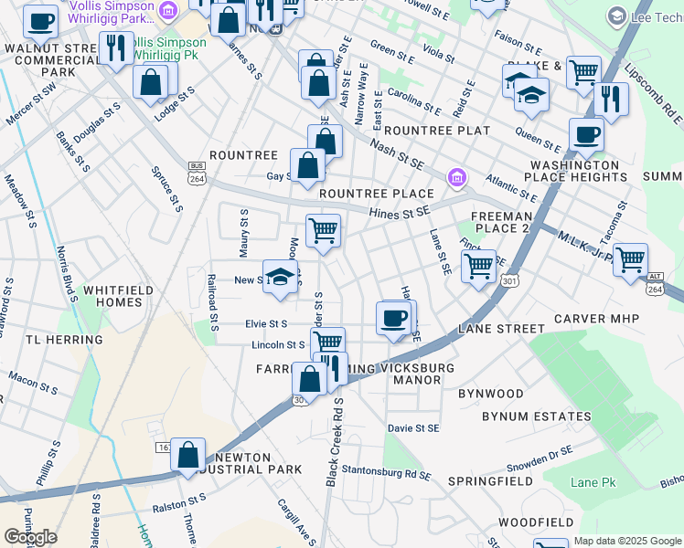 map of restaurants, bars, coffee shops, grocery stores, and more near 701 Pender St S in Wilson