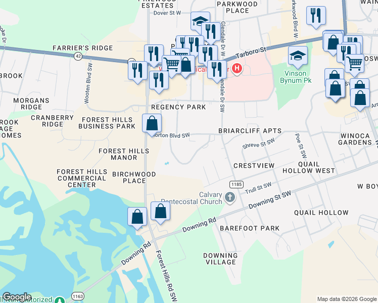 map of restaurants, bars, coffee shops, grocery stores, and more near 2502 Saint Christopher Circle Southwest in Wilson