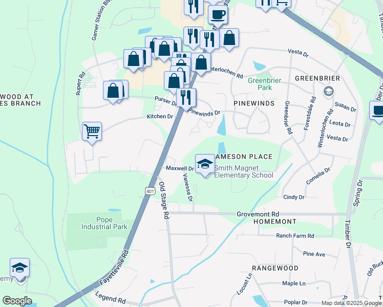 map of restaurants, bars, coffee shops, grocery stores, and more near 4901 Fayetteville Rd in Raleigh