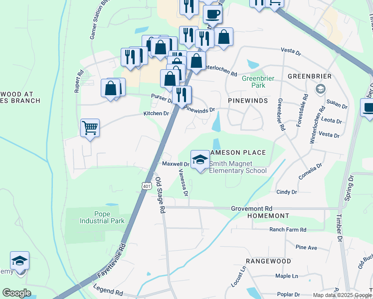 map of restaurants, bars, coffee shops, grocery stores, and more near 4901 Fayetteville Rd in Raleigh