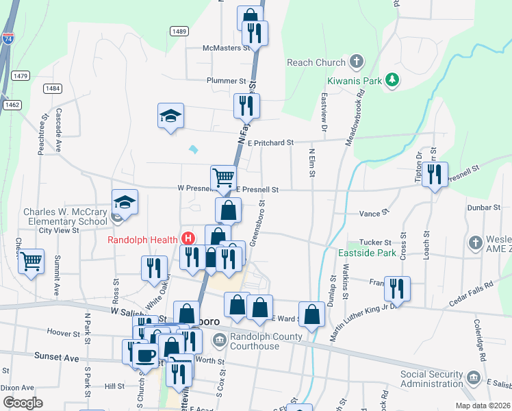 map of restaurants, bars, coffee shops, grocery stores, and more near 524 Tryon Street in Asheboro