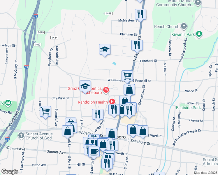 map of restaurants, bars, coffee shops, grocery stores, and more near 1 White Oak Street in Asheboro