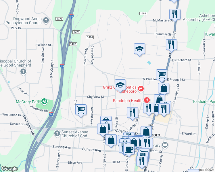 map of restaurants, bars, coffee shops, grocery stores, and more near 426 Mount Cross Street in Asheboro