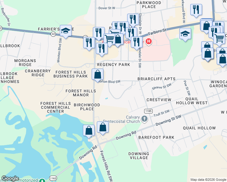 map of restaurants, bars, coffee shops, grocery stores, and more near 2502 Saint Christopher Circle Southwest in Wilson