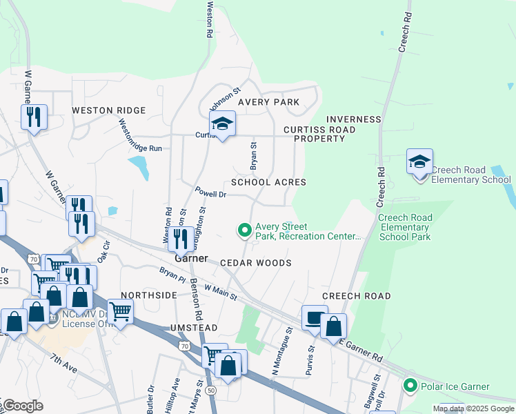 map of restaurants, bars, coffee shops, grocery stores, and more near 208 Avery Street in Garner