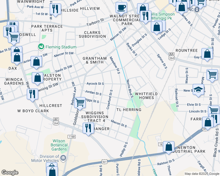 map of restaurants, bars, coffee shops, grocery stores, and more near 906 Crawford Street South in Wilson