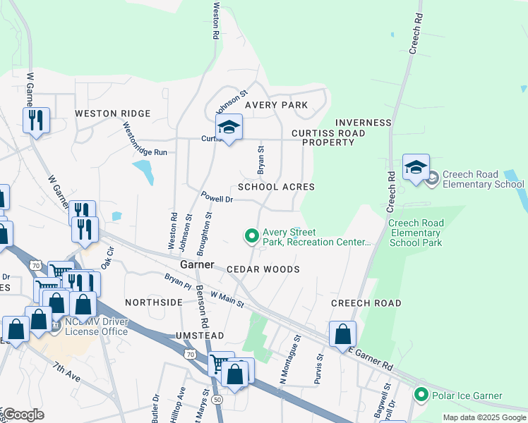 map of restaurants, bars, coffee shops, grocery stores, and more near 208 Avery Street in Garner