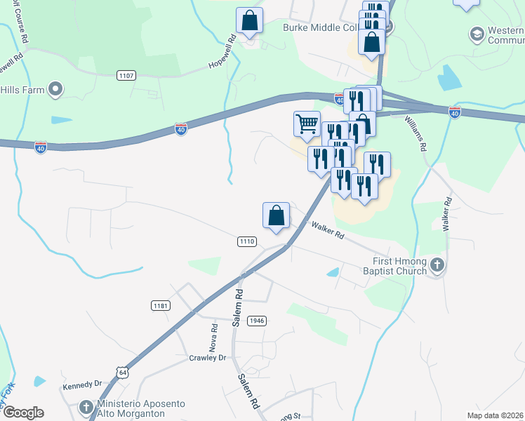 map of restaurants, bars, coffee shops, grocery stores, and more near 110 Garrison Road in Morganton