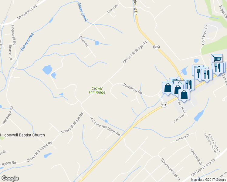 map of restaurants, bars, coffee shops, grocery stores, and more near 3012 Rambling Road in Maryville
