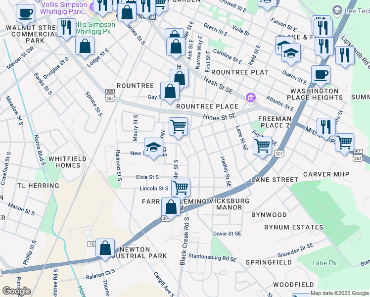 map of restaurants, bars, coffee shops, grocery stores, and more near 701 Pender St S in Wilson