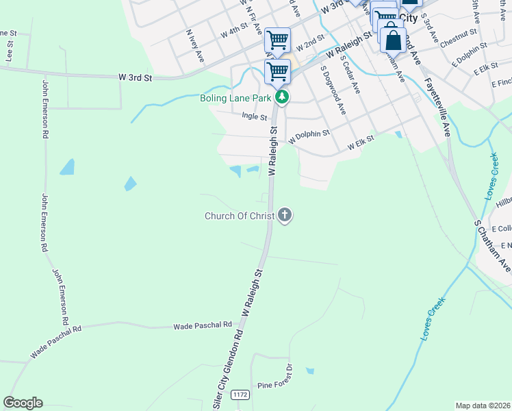 map of restaurants, bars, coffee shops, grocery stores, and more near 105 George Street in Siler City