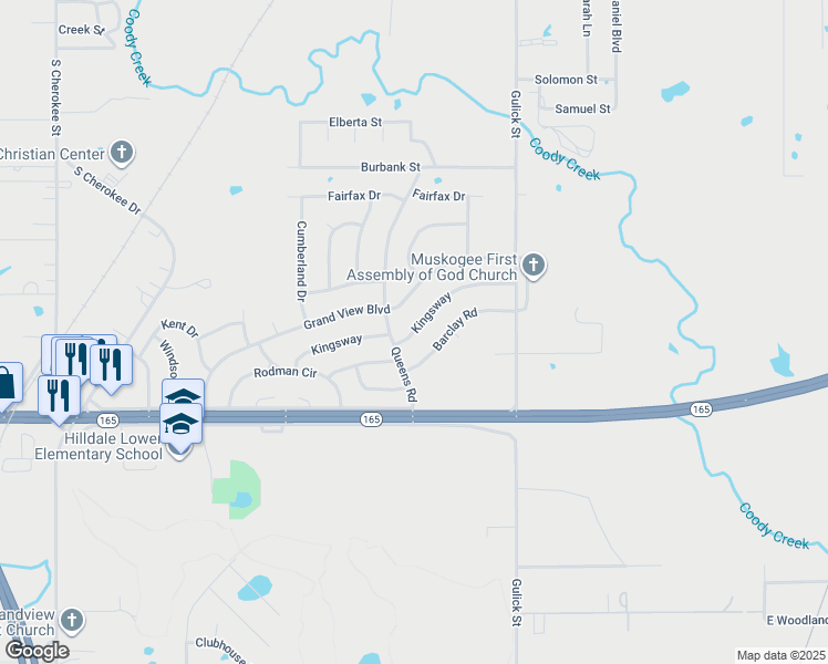 map of restaurants, bars, coffee shops, grocery stores, and more near 500 Kingsway in Muskogee