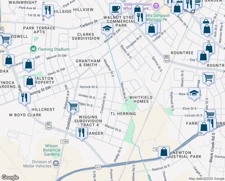 map of restaurants, bars, coffee shops, grocery stores, and more near 909 Meadow Street South in Wilson