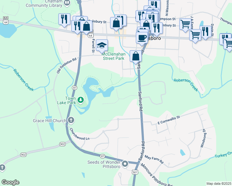 map of restaurants, bars, coffee shops, grocery stores, and more near 225 Diane St. in Pittsboro