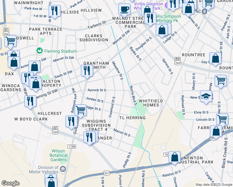 map of restaurants, bars, coffee shops, grocery stores, and more near 912 Crawford Street South in Wilson