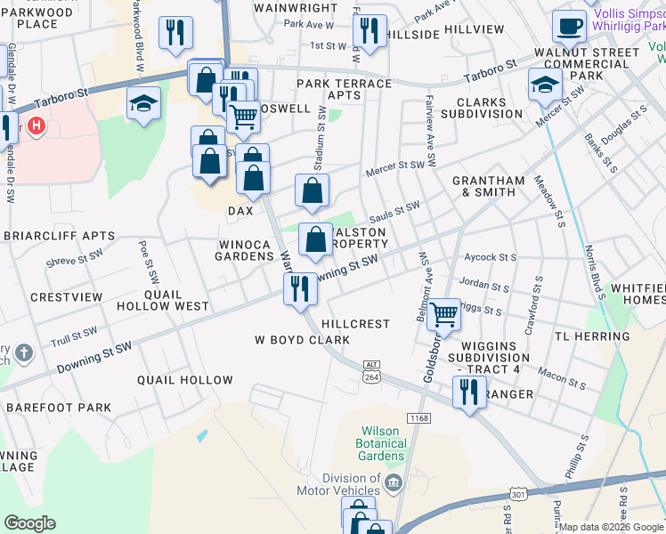 map of restaurants, bars, coffee shops, grocery stores, and more near 1701-1767 North Carolina 1163 in Wilson