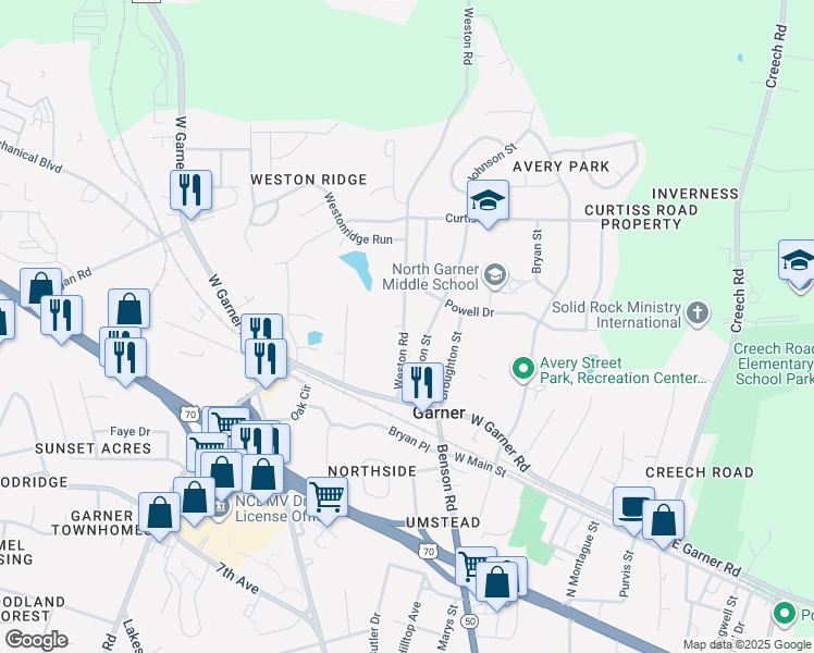 map of restaurants, bars, coffee shops, grocery stores, and more near 119 Johnson Street in Garner
