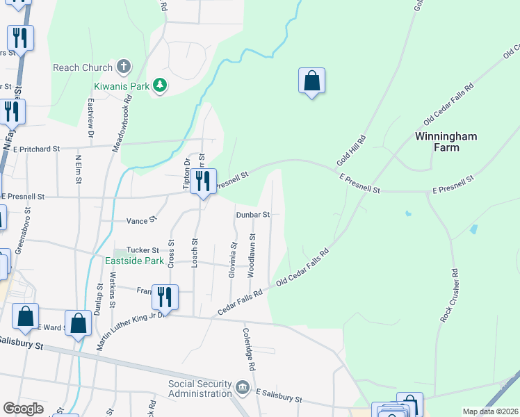 map of restaurants, bars, coffee shops, grocery stores, and more near 580 Woodlawn Street in Asheboro