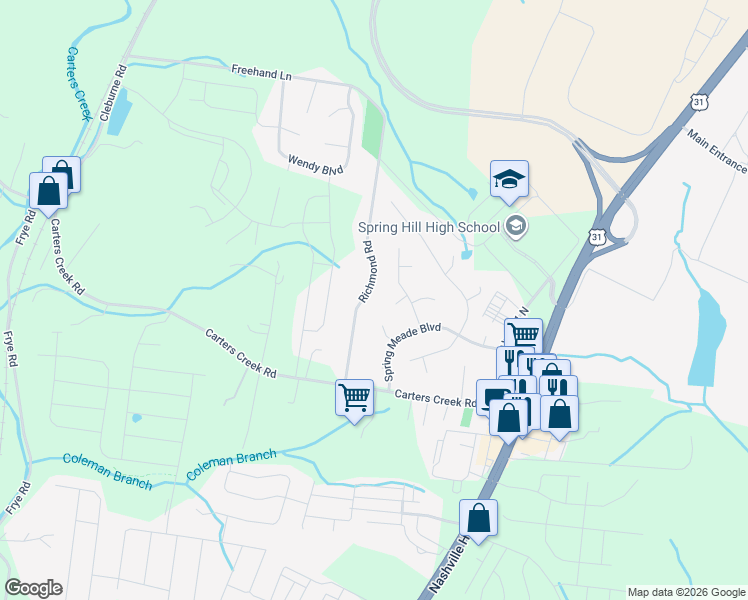 map of restaurants, bars, coffee shops, grocery stores, and more near 2912 Courtney Court in Columbia