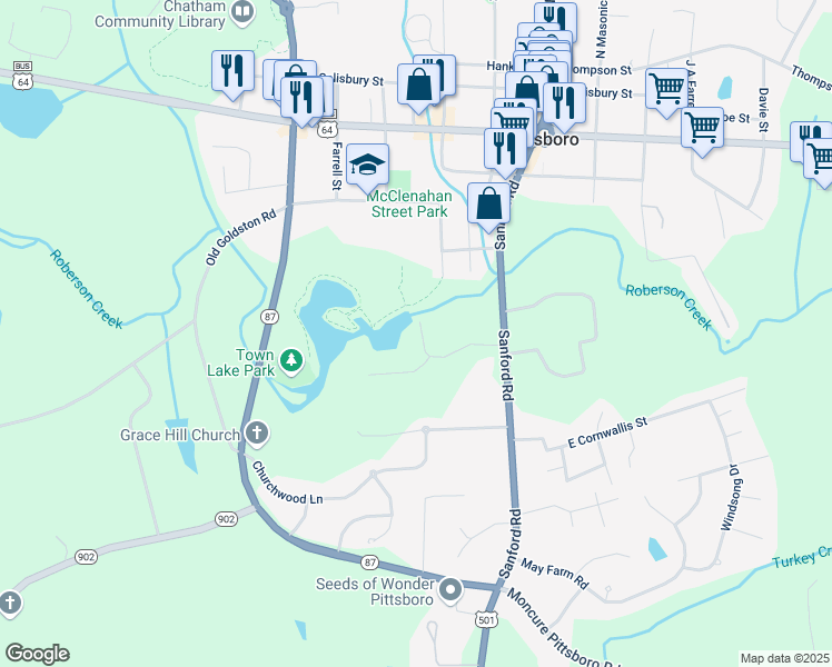 map of restaurants, bars, coffee shops, grocery stores, and more near 225 Diane St. in Pittsboro