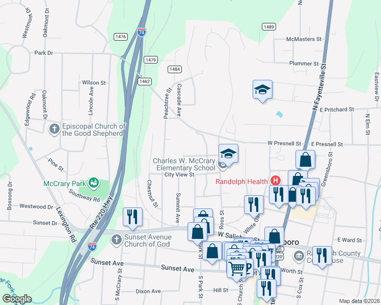 map of restaurants, bars, coffee shops, grocery stores, and more near 449 Ross Street in Asheboro