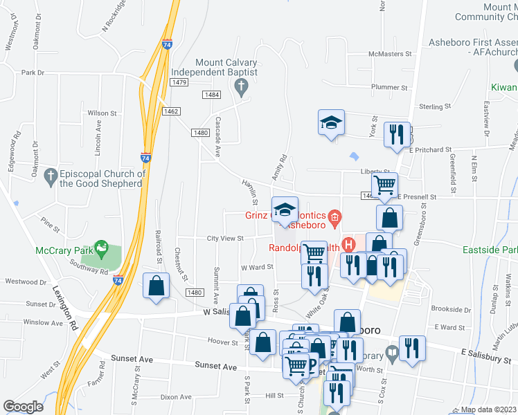 map of restaurants, bars, coffee shops, grocery stores, and more near 504 Hamlin Street in Asheboro