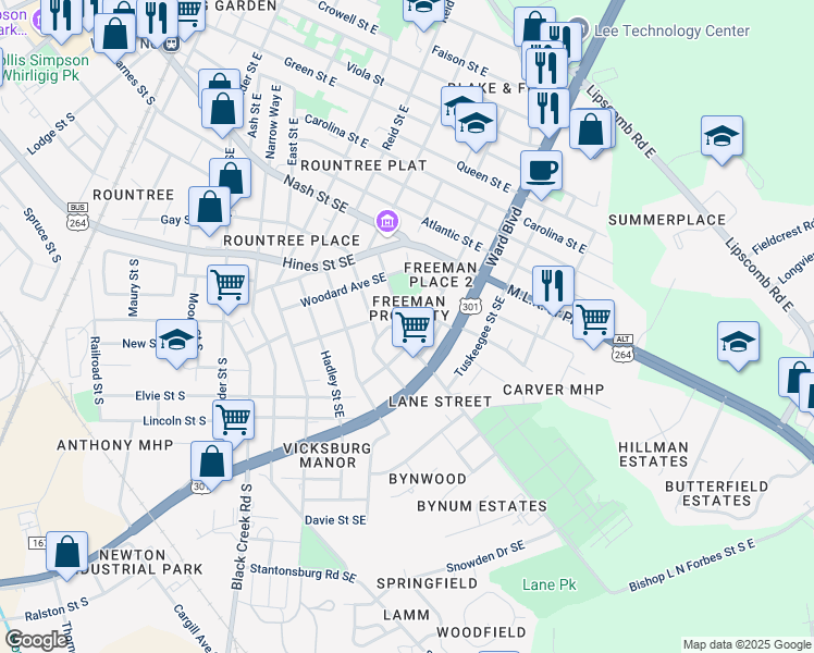 map of restaurants, bars, coffee shops, grocery stores, and more near 223 Powell Street Southeast in Wilson