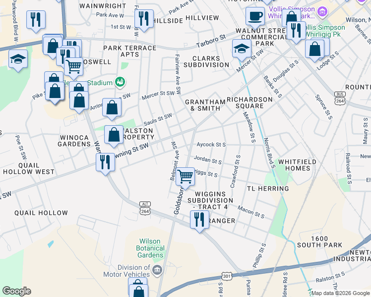map of restaurants, bars, coffee shops, grocery stores, and more near 1300 Goldsboro St S in Wilson