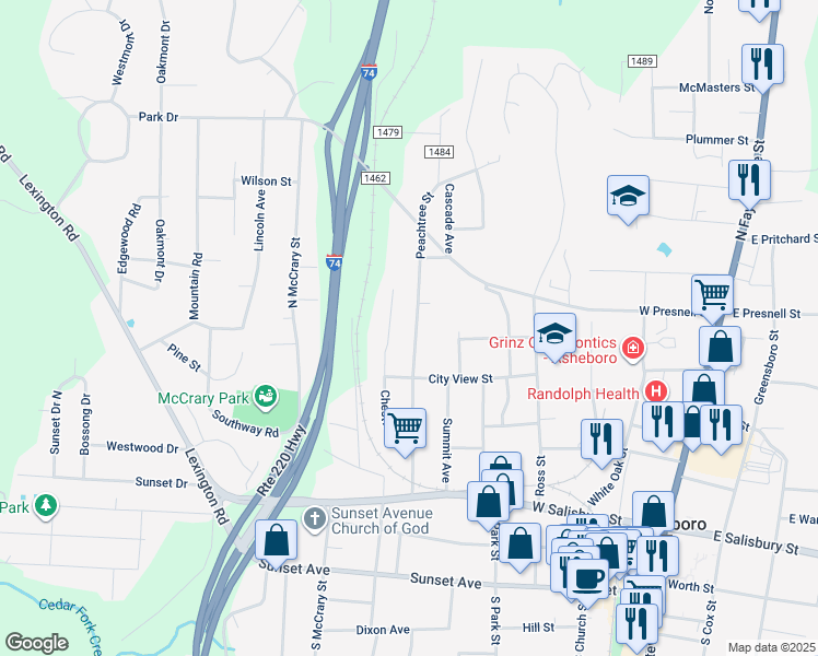 map of restaurants, bars, coffee shops, grocery stores, and more near 511 Peachtree Street in Asheboro