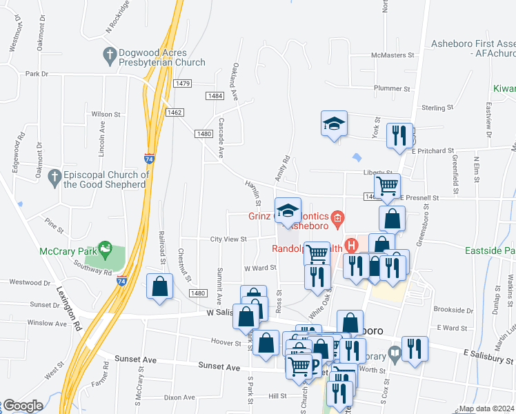 map of restaurants, bars, coffee shops, grocery stores, and more near 503 Hamlin Street in Asheboro