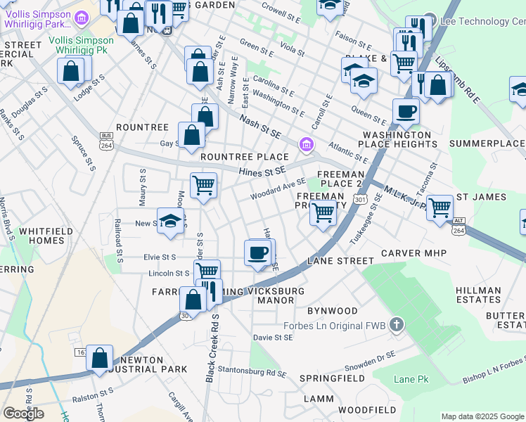 map of restaurants, bars, coffee shops, grocery stores, and more near 904 Rountree Avenue Southeast in Wilson