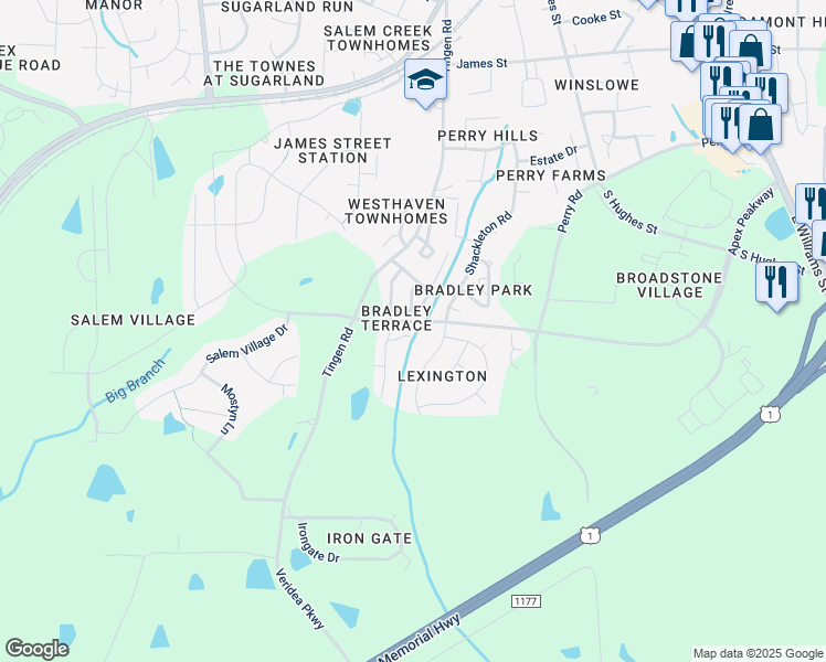 map of restaurants, bars, coffee shops, grocery stores, and more near 121 Fanwood Court in Apex