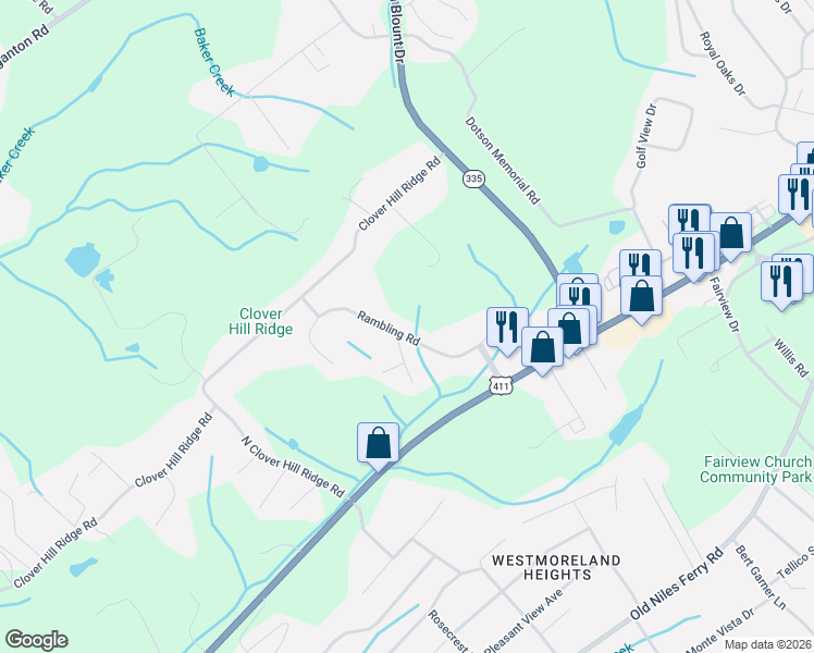 map of restaurants, bars, coffee shops, grocery stores, and more near 136 Chestnut Lane in Maryville