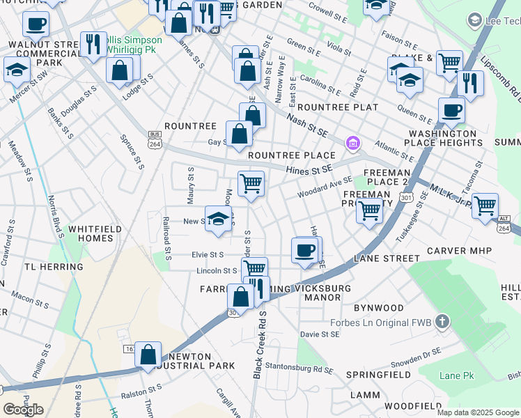 map of restaurants, bars, coffee shops, grocery stores, and more near 701 Pender St S in Wilson
