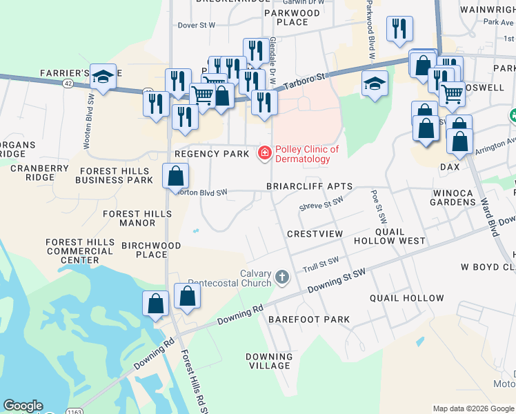 map of restaurants, bars, coffee shops, grocery stores, and more near 2602 Chippendale Place Southwest in Wilson